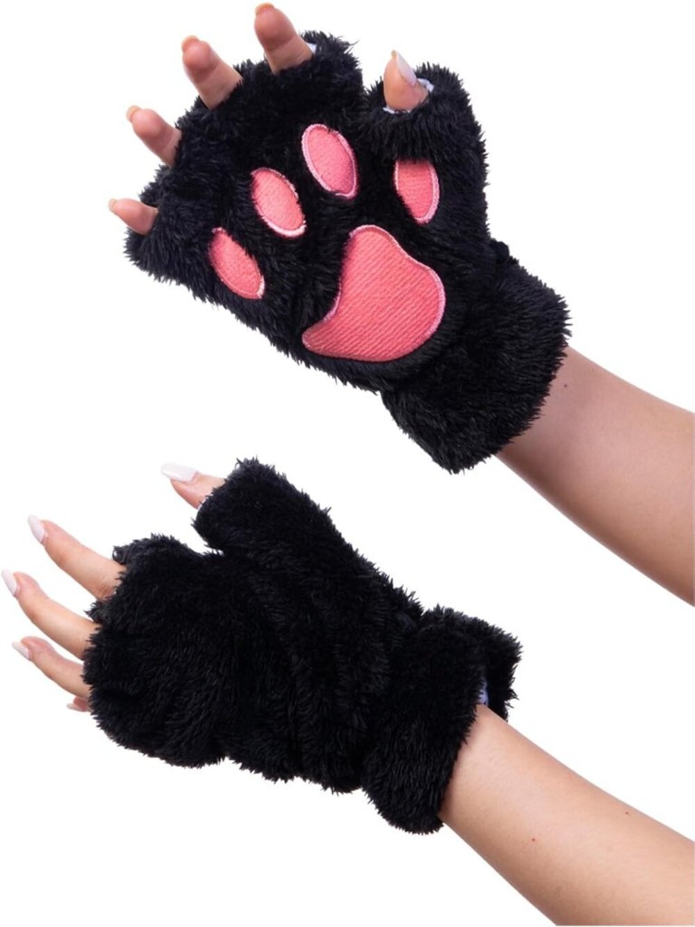 Women's Black Cat Paws Novelty Faux Fur Bear Paw Fingerless Mittens Gloves
